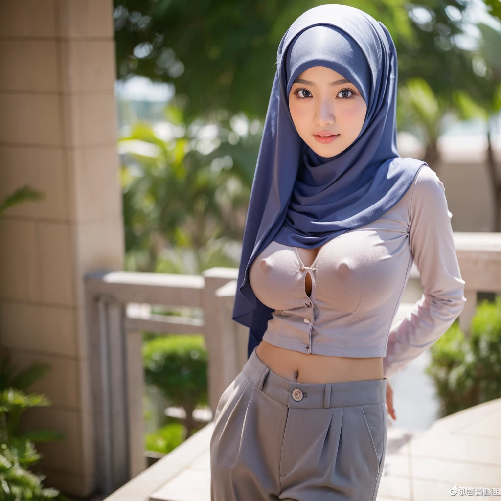 beautiful malay girl,hijab,big breast , wearing trousers