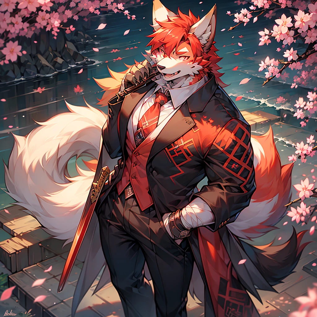 kimono,traditional Japanese clothes,solo, looking at viewer, smile, shirt, long sleeves, 1boy, holding, animal ears, closed mouth, standing, tail, full body, bandage, weapon, male focus, red hair, outdoors, open clothes, necktie, day, sword, holding weapon, animal ear fluff, petals, tattoo, wolf tail, from above, facial mark, holding sword, black pants, formal, katana, suit, cherry blossoms, sheath, claws, furry, colored sclera, hand in pocket, sheathed,furry male, body fur, white fur, snout, two-tone fur,vivid