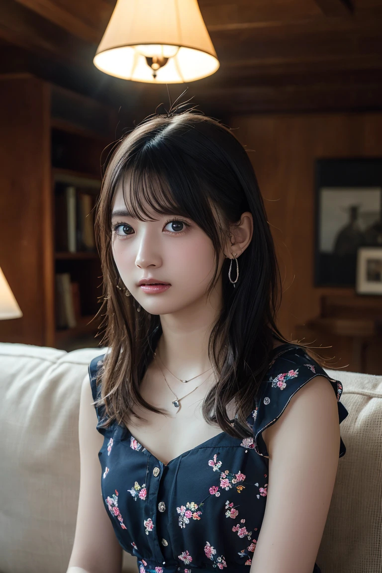 (Highest quality:1.4),(masterpiece:1.4),(Realistic:1.4),(Realistic:1.2),(超High resolution, RAW Photos:1.4),(High resolution, Ultra-detailed:1.2),(8K:1.2),View your viewers,Cinematic photography,Black Hair,Small earrings,necklace,One girl,skeletally correct,(Floral Dress,View from the front),(Western-style building interior,Dimly lit room,The lamplight shines on my cheeks,Sit on the sofa)