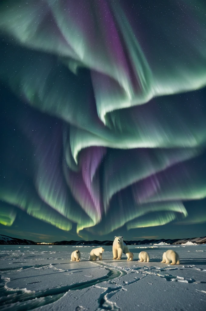Polar Bear on Arctic Ice: A polar bear mother and her cubs walking across the ice floes in the Arctic, under a sky filled with the northern lights.