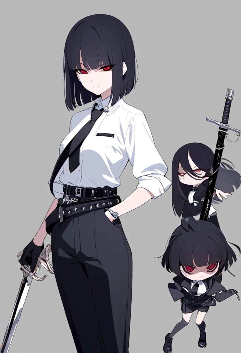One woman,Dynamic,whole body,Are standing,mysterious,Concept Art,Character Design,Jet black straight hair,The bangs are trimmed to accentuate the eyes.,Well-proportioned face,Sharp Eyes,White shirt,Black tie,Black slacks,Silver cufflinks on the left hand,On the ring finger of her right hand she wears a simple silver ring.。Luxury watches,Black leather shoes,beltでウエストラインを強調,Stylish,Red eyes,belt,Stylish,Simple background gray,Details,Okabo Hair,Half-open eyes,Cool appearance,,Black gloves,Short Hair,Narrow eyes,Accentuated body lines,Has a sword on his waist,