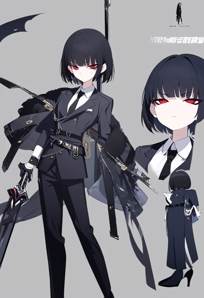 One woman,Dynamic,whole body,Are standing,mysterious,Concept Art,Character Design,Jet black straight hair,The bangs are trimmed to accentuate the eyes.,Well-proportioned face,Sharp Eyes,White shirt,Black tie,Black slacks,Silver cufflinks on the left hand,On the ring finger of her right hand she wears a simple silver ring.。Luxury watches,Black leather shoes,beltでウエストラインを強調,Stylish,Red eyes,belt,Stylish,Simple background gray,Details,Okabo Hair,Half-open eyes,Cool appearance,,Black gloves,Short Hair,Narrow eyes,Accentuated body lines,Has a sword on his waist,