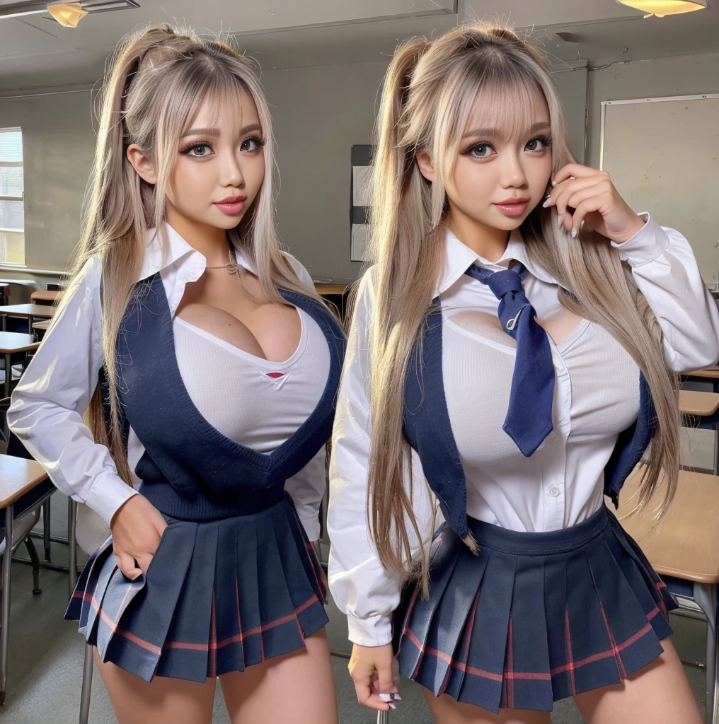 (scene; (2 people:1.8)), Gal, (High school girls 2 people), (Shopping mall, Shopping Street, street, Outdoor), (Look at me Are you standing, Full body portrait, Photograph the whole body, Full-body image, Are standing, With legs spread, Doing sexy poses), (tall, Thin thighs, Long, slender limbs, Small waist), ((Highly detailed skin), Beautiful realistic face, White skin, Pointed Chest, Perfect Anatomy, Realistic eyes, Natural Eyes, Brown eyes, Accurate eye focus, Accurate limbs), (Hyper Realist, Ultra-realistic, 4k, Attention to detail, Ultra-high resolution, Highest quality, masterpiece, Presence, dynamic, Uplifting, bold, Sharpness), (Huge breasts:1.5, Cleavage:1.5), (Blonde long hair:1.5, Wavy long hair:1.5, Curly Hair:1.5), (sleek bangs), (Twin tail hair), (White collared shirt, Pleated mini skirt, Navy colored socks, Black loafers, Ribbon tie), High school girl in uniform, Surreal high school girl, tall, High school girls in uniform, smile, (Emphasis on cleavage), (Are standing Two high school girls:1.8),