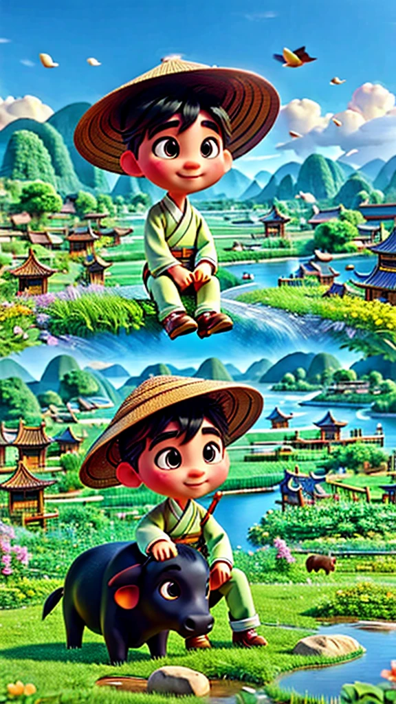 During the Qingming Festival, a gentle rain, an adorable Chinese boy in light-colored Hanfu and wearing a straw hat is sitting atop a black bull, playing a flute, reminiscent of characters from Pop Mart. They are in a field with a river, grasslands, and distant mountains, under a sky with circling birds, depicting vibrant spring life. The boy is rendered in a Disney Pixar style, with big, watery eyes and vivid colors. The scene uses ray tracing and octane rendering techniques for a wide-angle view, with clay-like textures and dynamic, animated lighting. This 3D artwork is created with C4D, OC rendering, and Blender, showcasing rich details and high quality.