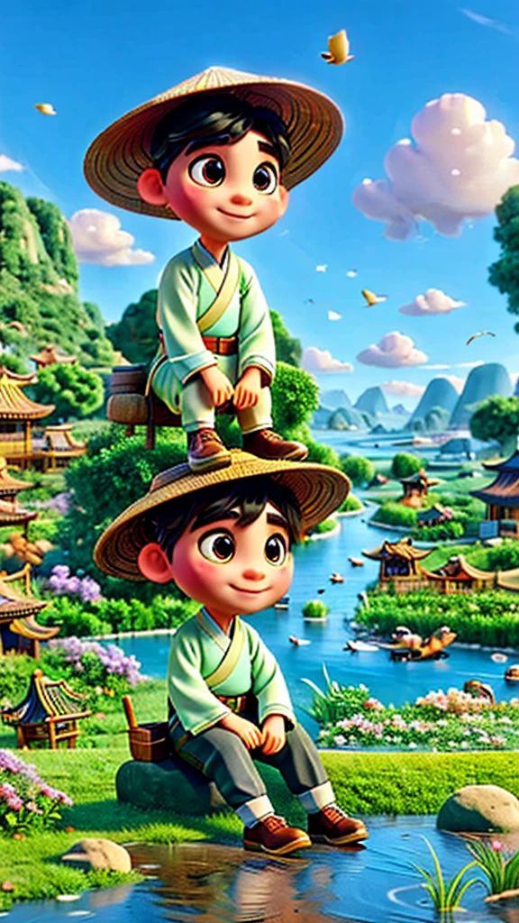 During the Qingming Festival, a gentle rain, an adorable Chinese boy in light-colored Hanfu and wearing a straw hat is sitting atop a black bull, playing a flute, reminiscent of characters from Pop Mart. They are in a field with a river, grasslands, and distant mountains, under a sky with circling birds, depicting vibrant spring life. The boy is rendered in a Disney Pixar style, with big, watery eyes and vivid colors. The scene uses ray tracing and octane rendering techniques for a wide-angle view, with clay-like textures and dynamic, animated lighting. This 3D artwork is created with C4D, OC rendering, and Blender, showcasing rich details and high quality.