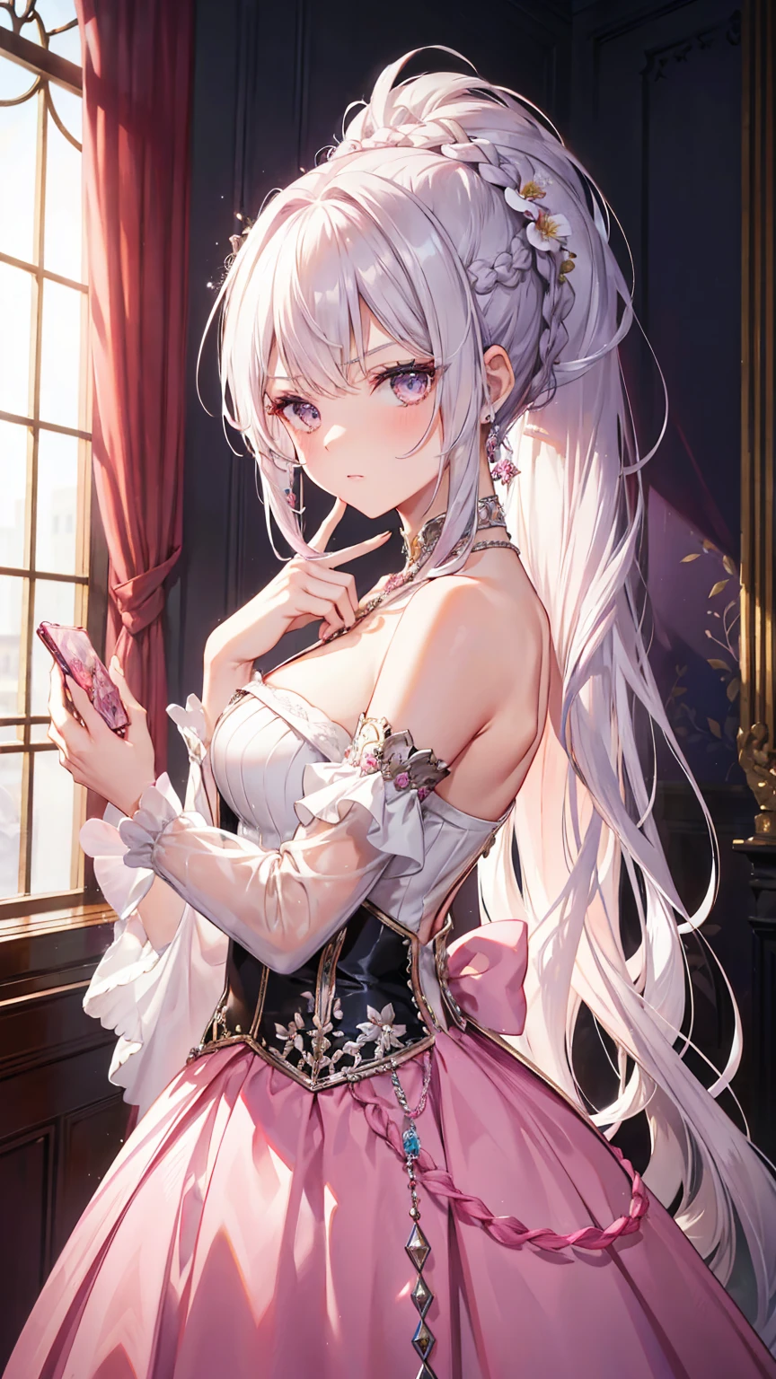 Miss, Serious, elegant, Pink skirt, aristocratic, Silver elements, Long nails, Bare shoulders, hairstyle, hair, Braids and ponytails, messy, arrogant, absurd, Elaborate dress, royalties, celebration, Hall decorated with flowers, Cowboy shooting, portrait, (best quality), (masterpiece), (Very detailed), (4K)