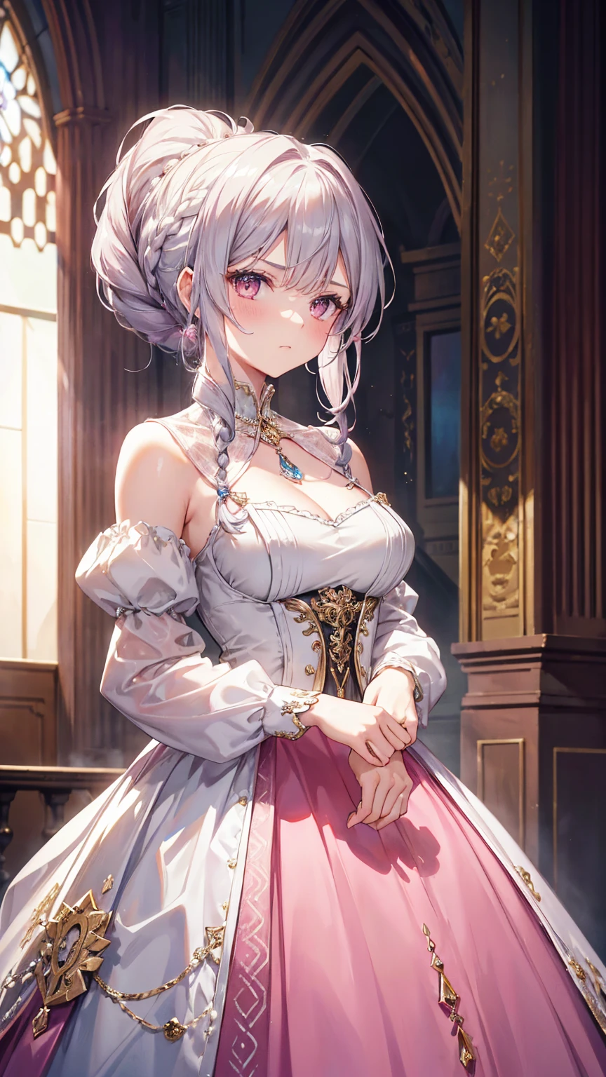 Miss, Serious, elegant, Pink skirt, aristocratic, Silver elements, Long nails, Bare shoulders, hairstyle, hair, Braids and ponytails, messy, arrogant, absurd, Elaborate dress, royalties, celebration, Hall decorated with flowers, Cowboy shooting, portrait, (best quality), (masterpiece), (Very detailed), (4K)