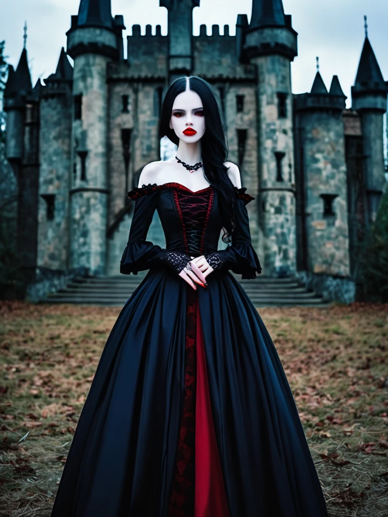a beautiful woman with long dark hair, pale skin, red lips, wearing a dark gothic dress, standing in front of a mysterious castle,