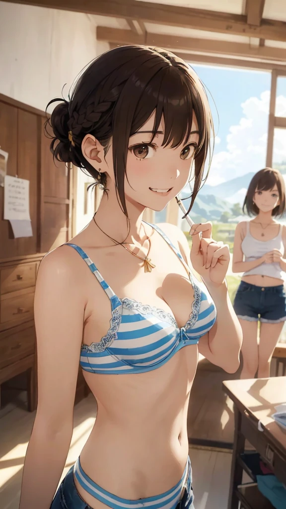 (Highest quality、masterpiece、High resolution)、(Sargent-style watercolor)、(Anime Art)、Old school building、Old classroom、School in a wooden school building、Flowers Bloom、((Multiple women、Everyone is standing, Alongside))、(Detailed depiction of a beautiful face)、A kind smile、Medium Short Hair、Dark Brown Hair、Braiding、、drink tea、Cinematic Light、Soft sunlight、lake、Beautiful mountain range in the background、Blur the background、White bra and underwear set、Or a set of black bra and underwear、Or a set of red bra and underwear、Or a set of blue bra and underwear、Or wearing a purple bra and underwear set, Or a set of orange bra and underwear、Horizontal striped bra、Underwear with horizontal stripes、Bra with vertical stripes、Underwear with vertical stripes、Floral pattern is good、Floral underwear(1.8)。
information(Highest quality:1.2)、Very detailed、High resolution、masterpiece:1,2、Bright colors、Bokeh、Professional Lighting、Physically Based Rendering、Flat Color:0.8、Fine Illustration、Realistic:1.37、Makoto Shinkai style、Name Style、Light Brown Hair、Elegant update、Short Bob、Three young women in casual clothes、Laugh together、Dynamic poselip、cheek(Dark Brown Hair/)bangs、cheek(direction)、(最高masterpiece1.2)繊細なイラストVery detailed、Break Blue Sky、Detailed Background、20-year-old female、whole bodyが写る、A shy smile、Through clenched teeth、Through clenched teeth、lip、cheek(Flat Color: 0.8)、(masterpiece: 1,2)、(masterpiece: 1,2)、High resolution、超High resolution、Highest quality、High resolution、Ultra-thin illustration、Makoto Shinkai style、Your Name is Style、Short Bob、necklace、Earrings、Dynamic pose、Selfie、whole body、Brown Hair、Braiding、Hair Bun、long hair、ponytail・Hair Bunスタイル、necklace、Valletta、ribbon、Earringsアニキュア,。