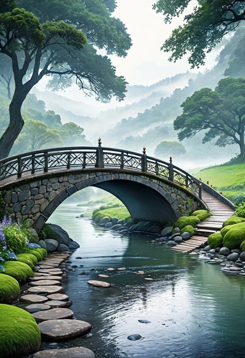 A touching scene on a picturesque bridge during a rainy day, The bridge, made of old stone with ornate railings, stretches over a calm river, with raindrops creating ripples on the water's surface. The background showcases a misty, lush landscape with trees and distant hills, adding a romantic and serene ambiance to the scene. The overall mood is one of care, compassion, and serene beauty.