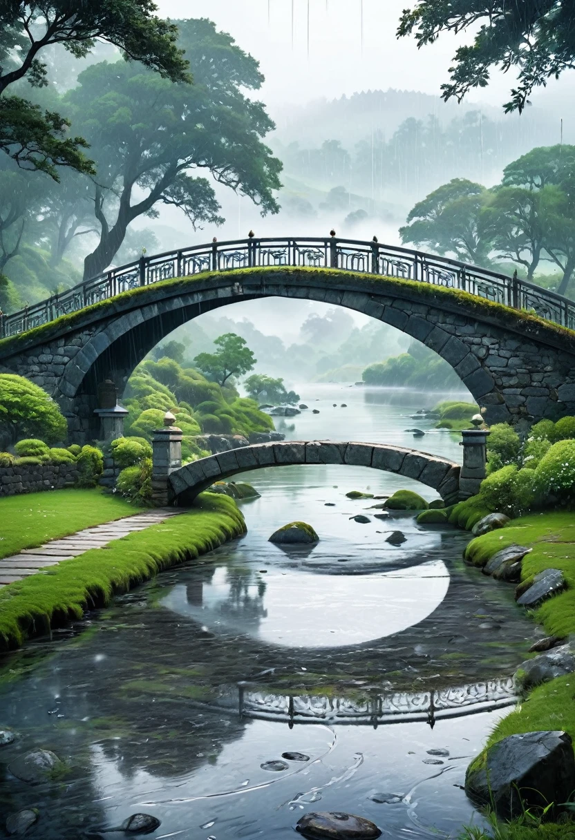 A touching scene on a picturesque bridge during a rainy day, The bridge, made of old stone with ornate railings, stretches over a calm river, with raindrops creating ripples on the water's surface. The background showcases a misty, lush landscape with trees and distant hills, adding a romantic and serene ambiance to the scene. The overall mood is one of care, compassion, and serene beauty.