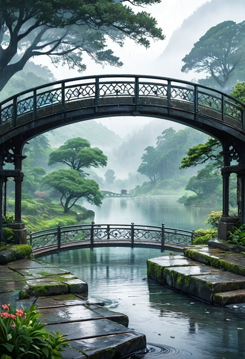 A touching scene on a picturesque bridge during a rainy day, The bridge, made of old stone with ornate railings, stretches over a calm river, with raindrops creating ripples on the water's surface. The background showcases a misty, lush landscape with trees and distant hills, adding a romantic and serene ambiance to the scene. The overall mood is one of care, compassion, and serene beauty.