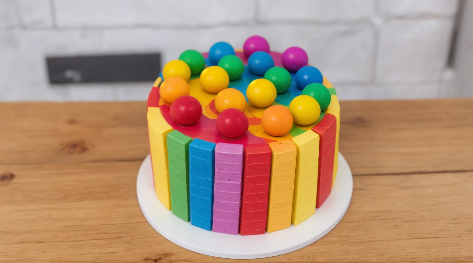 on a wooden table, on a white porcelain plate, a tiny cake, the walls of the cake are made of multi-colored chocolate bars, on top are multi-colored cream stripes, multi-colored candies in the form of balls, realistic texture, realistic style, detailed texture, high quality, high resolution, high quality rendering, realistic photo, brightning light, macro photo, ultra hd 4k