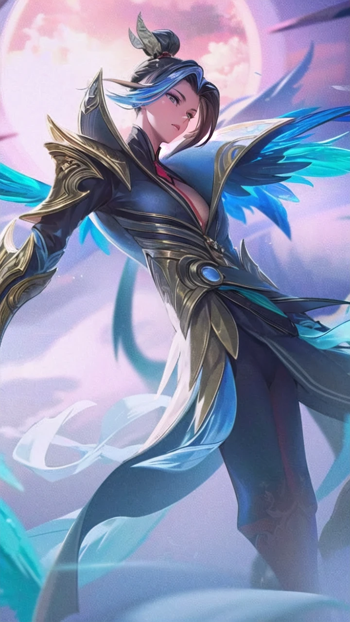 full body, masterpiece, 8k, ultra HD, sharp focus, details hair, beautiful hair, details face, beautiful detail eye, details pupil, perfect hand, vibrant colours, soft lighting.

1girl, long hair, hair accessory, style hair, (green -blue hair), light purple eyes, giant breast, open chest sweater, elegant, cropped sweater, off-the-shoulder, exclusive skirt, pantyhose 

night scene, Hall, indoor, red carpet, evening, window, clouds .