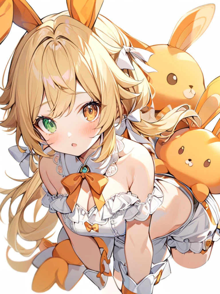 1girl, animal ears, bangs, bare shoulders, blonde hair, blush, bow, breasts, white cleavage, cropped torso, , green eyes, hair ribbon, heterochromia, holding, holding stuffed toy, looking at viewer, open mouth, orange bow, orange eyes, orange ribbon, rabbit ears, ribbon, solo, stuffed animal, stuffed bunny, stuffed toy, twintails, upper body, full-length, white legbands, white shoes with lace and white bows, white background, wrist cuffs, yellow eyes, bloomers, close-up, fair skin frills, lace, midriff, skirt, solo, , white background,shorts, white top with ribbon and lace and trousers,trousers, genshin,white slippers with a bow,All clothes are white, laceAt full height, it stands