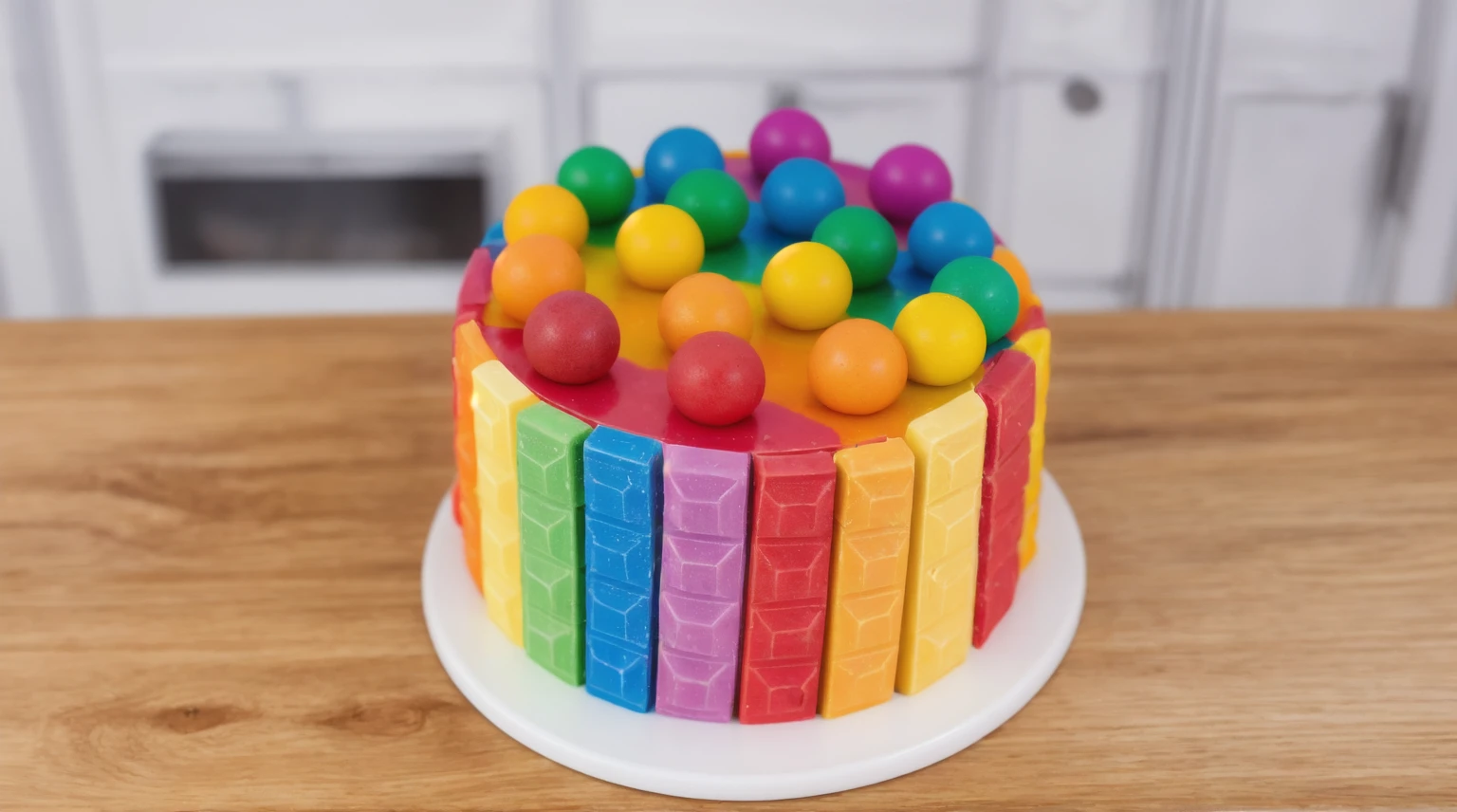 on a wooden table, on a white porcelain plate, a tiny cake, the walls of the cake are made of multi-colored chocolate bars, on top are multi-colored cream stripes, multi-colored candies in the form of balls, realistic texture, realistic style, detailed texture, high quality, high resolution, high quality rendering, realistic photo, brightning light, macro photo, ultra hd 4k