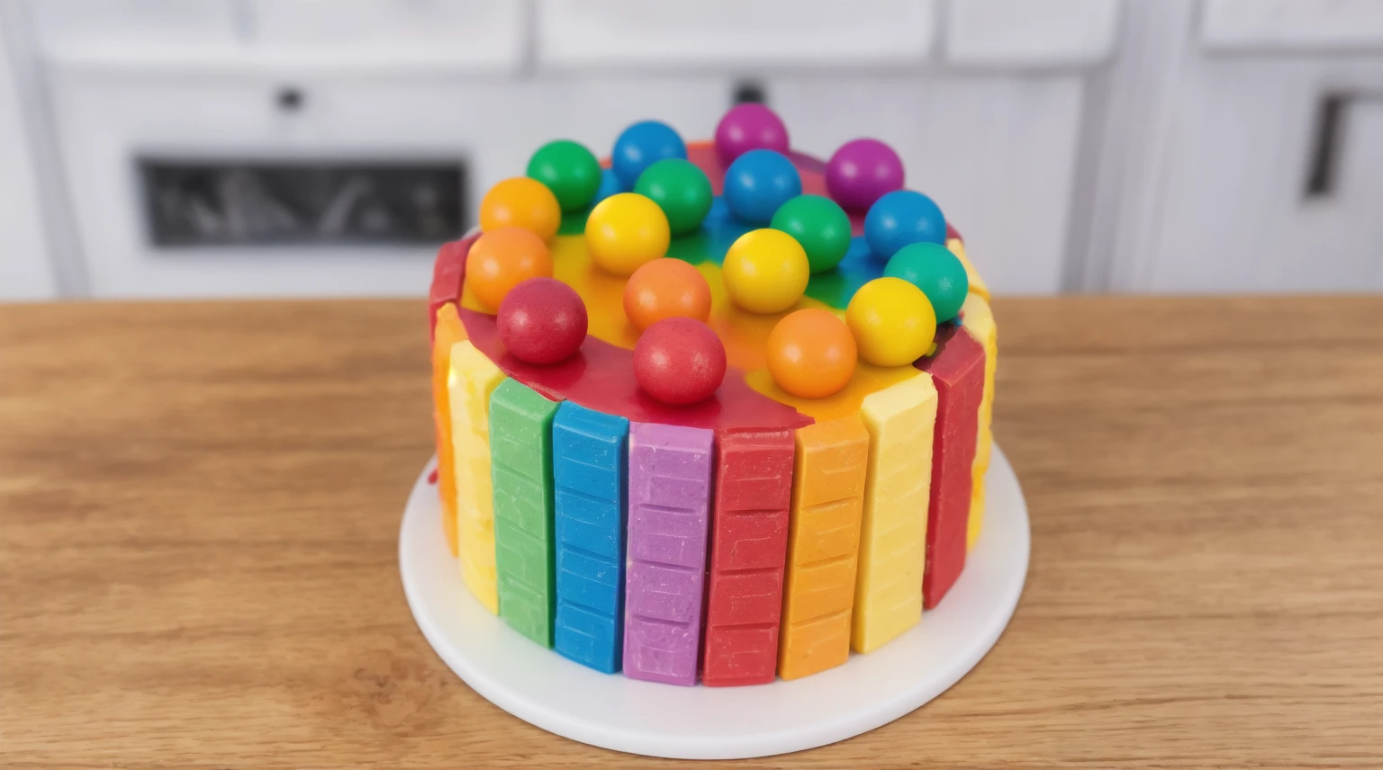 on a wooden table, on a white porcelain plate, a tiny cake, the walls of the cake are made of multi-colored chocolate bars, on top are multi-colored cream stripes, multi-colored candies in the form of balls, realistic texture, realistic style, detailed texture, high quality, high resolution, high quality rendering, realistic photo, brightning light, macro photo, ultra hd 4k
