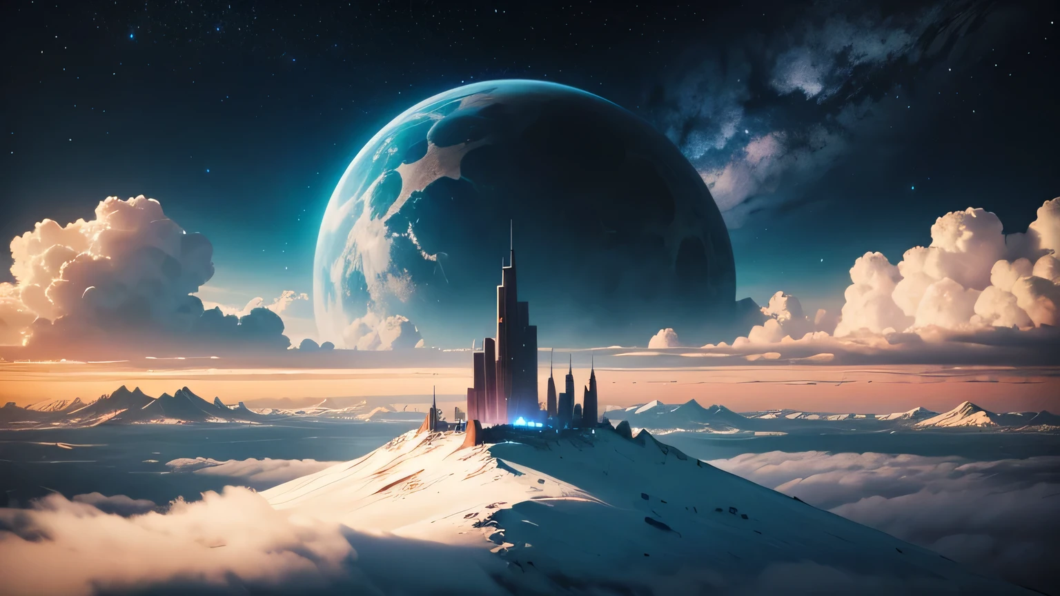 Top of a mountain. Big colonized planets in the night sky. Clouds on the horizon. Blue. Sci-fi.