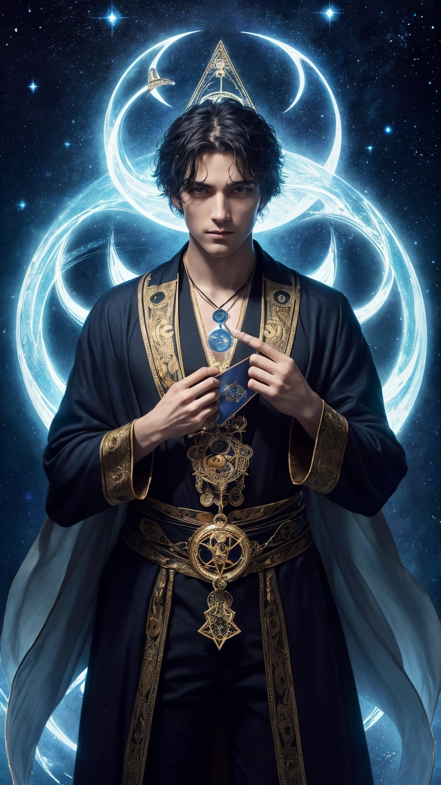 (Absurd, High resolution, Super detailed), 1 male, whole body, Handsome, Detailed eyes and face, Night Sky, \Tarot\, Symbolism, Visual Arts, occult, universal, Vision Casting, philosophical, Iconography, Fortune telling by numbers, Popularity, artistic, Alphonne Mucha, short hair, Magician Robe Costume