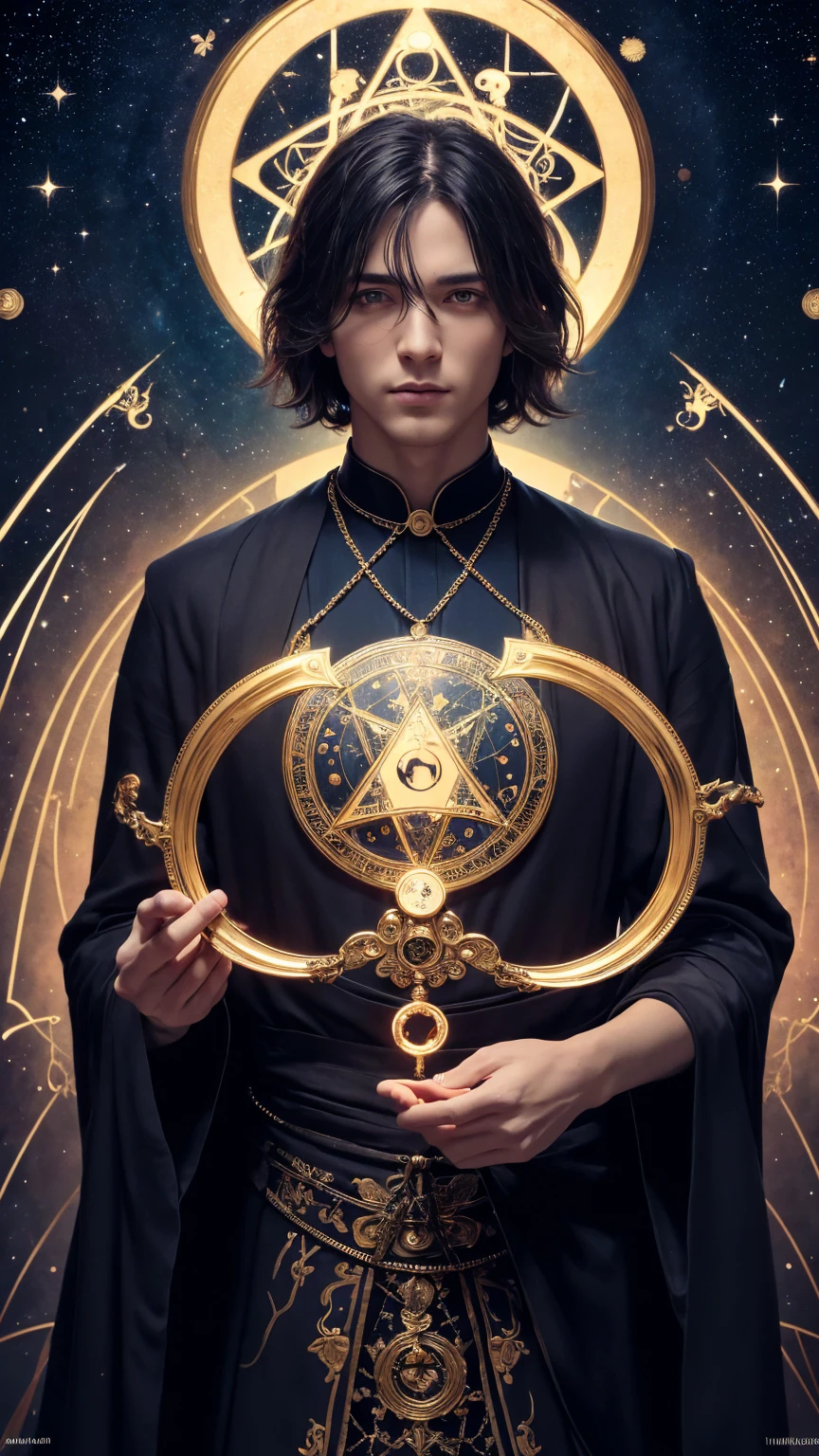 (Absurd, High resolution, Super detailed), 1 male, whole body, Handsome, Detailed eyes and face, Night Sky, \Tarot\, Symbolism, Visual Arts, occult, universal, Vision Casting, philosophical, Iconography, Fortune telling by numbers, Popularity, artistic, Alphonne Mucha, short hair, Magician Robe Costume