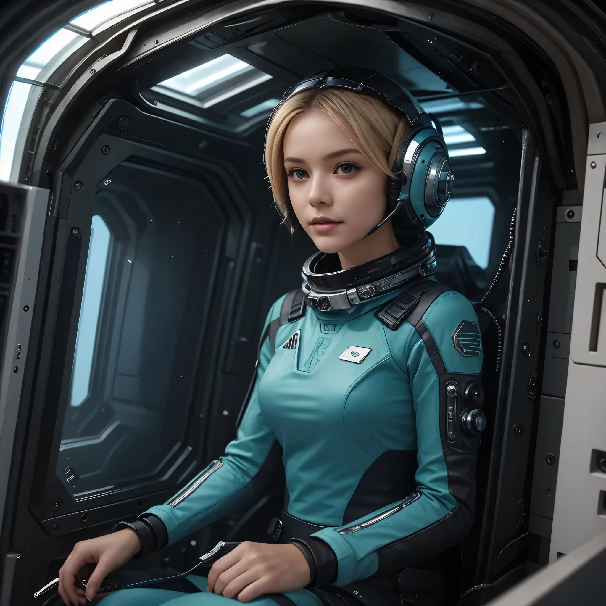 (masterpiece:1.4),(best quality,photorealistic), A beautiful Blonde woman with short hair, 38 years old, she is wearing a full length Teal space suit, she has perfect hands and face, she is sitting in a space capsule, there computers and flight controls, and exclusive, Luxury, you can see a moon out of the window, space nebulas, planets, control panel, she is sitting in a large space,