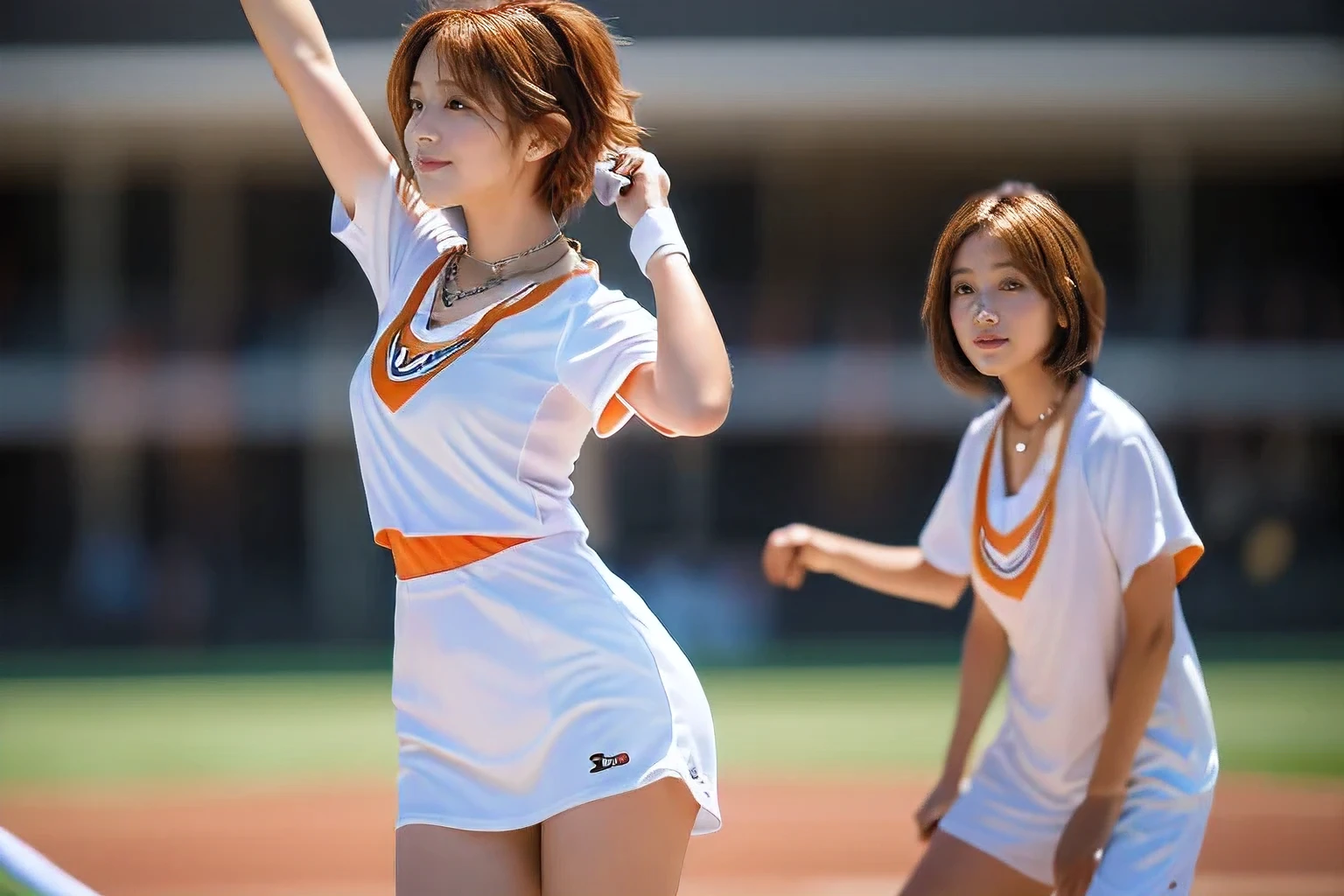 (Sports day at the grounds:1.5)、(A beautiful profile without looking at the camera:1.5)、(An 18-year-old woman cheering on her friend:1.5)、(The best quality at its best:1.4), (Super detailed), (Very detailed CG unified 16k), Beautiful woman with perfect figure: 1.4, Sharp focus: 1.2, Very detailed, High-quality RAW color photos, Professional photography, Great face and eyes, cosmetics, (Amazingly beautiful girl), ((moving、Wearing a jersey:1.5)), Realistic movie faces, Full body long view from head to toe, Realistic, ((Realistic natural orange red hairstyle)), ( Short Bob Hair:1.5), (necklace:1.5)、, Very beautiful face, Perfect model beauty, Mouth swelling, Highly detailed face and skin texture, Fine grain, double eyelid, Medium chest, (masterpiece), Highest quality, High resolution, Very detailed, Blurred Background, Depth of written boundary, Cinema Lighting, Great legs, , Clear, well-maintained skin,((Full body shot from head to toe:1.5))