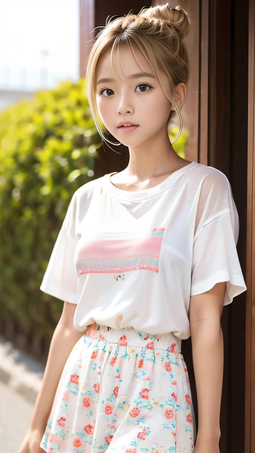 Sunburn marks on tanned skin、blush、Blonde bun hair,A cute -yeld giwith a cute look, A strong wind blows my hair in front of my face、Beautiful big sparkling eyes, Cute eyes hidden by long bangs、Yawn、No visible nasolabial folds、A short, light-colored miniskirt、A summer shirt with cute colorful patterns、Korean Beauty、Cheeks