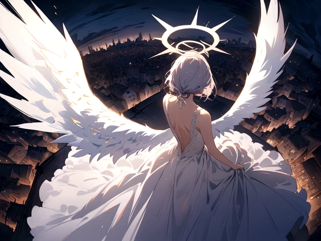 
one (Back view:1.5) A very beautiful female angel\(Long platinum hair, wide back white dress,(From her chest hangs big, beautiful angel wings.),Very beautiful shining halo\), She has her arms wide open as if asking for help., She&#39;s on the clouds、Looking down at the world below, Fierce war\((Lots of sparks and fire), fail, Fighter, Many buildings collapsed, Nature is destroyed, Magnificent and spectacular views\) It&#39;s happening under the clouds, BREoneK ,quality\(8K,Highly detailed CG unit wallpaper, masterpiece,High resolution,top-quality,top-quality real texture skin,surreal,Increase the resolution,RoneW photos,highest quality,Very detailed,wallpaper,Cinema Lighting,Ray-tracing,Golden Ratio\),[Browsing Caution],Dynamic Angle,[Browsing Caution],From above