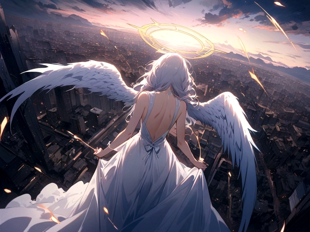 
one (Back view:1.5) A very beautiful female angel\(Long platinum hair, wide back white dress,(From her chest hangs big, beautiful angel wings.),Very beautiful shining halo\), She has her arms wide open as if asking for help., She&#39;s on the clouds、Looking down at the world below, Fierce war\((Lots of sparks and fire), fail, Fighter, Many buildings collapsed, Nature is destroyed, Magnificent and spectacular views\) It&#39;s happening under the clouds, BREoneK ,quality\(8K,Highly detailed CG unit wallpaper, masterpiece,High resolution,top-quality,top-quality real texture skin,surreal,Increase the resolution,RoneW photos,highest quality,Very detailed,wallpaper,Cinema Lighting,Ray-tracing,Golden Ratio\),[Browsing Caution],Dynamic Angle,[Browsing Caution],From above