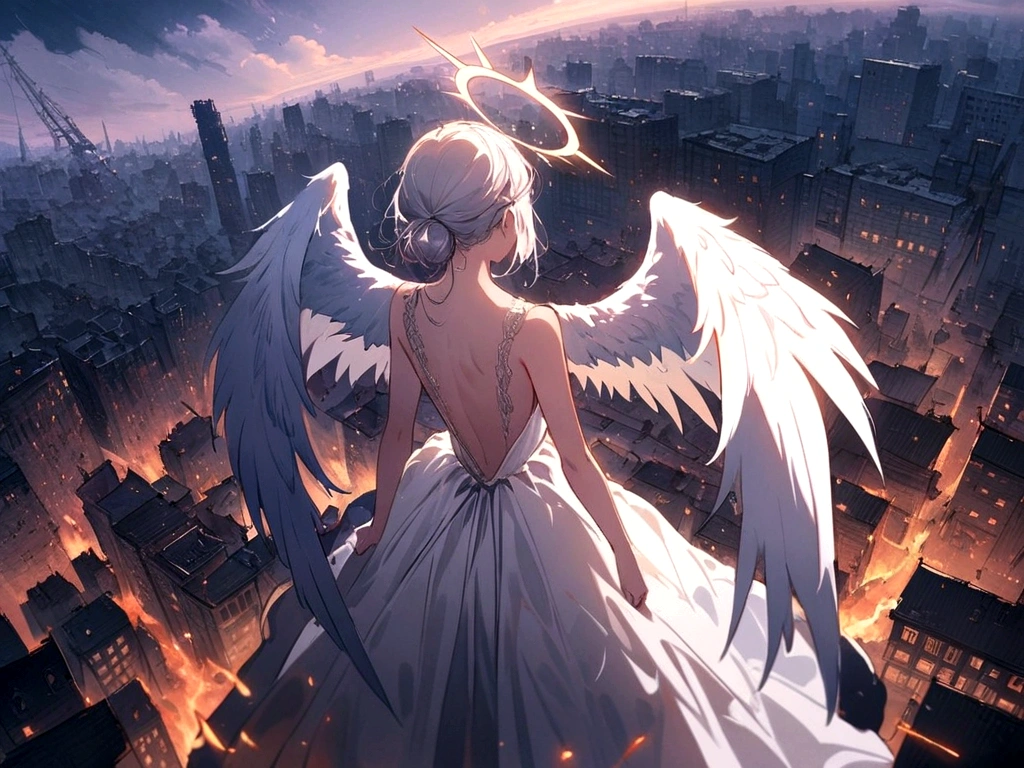 
one (Back view:1.5) A very beautiful female angel\(Long platinum hair, wide back white dress,(From her chest hangs big, beautiful angel wings.),Very beautiful shining halo\), She has her arms wide open as if asking for help., She&#39;s on the clouds、Looking down at the world below, Fierce war\((Lots of sparks and fire), fail, Fighter, Many buildings collapsed, Nature is destroyed, Magnificent and spectacular views\) It&#39;s happening under the clouds, BREoneK ,quality\(8K,Highly detailed CG unit wallpaper, masterpiece,High resolution,top-quality,top-quality real texture skin,surreal,Increase the resolution,RoneW photos,highest quality,Very detailed,wallpaper,Cinema Lighting,Ray-tracing,Golden Ratio\),[Browsing Caution],Dynamic Angle,[Browsing Caution],From above