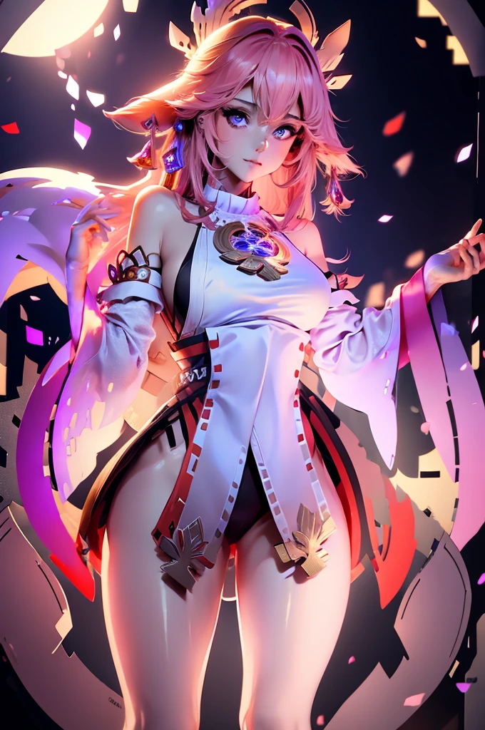 ((ultra quality)), ((realistic,digital art)), (hyper detailed) Hyperrealistic image Beautiful woman in a white bikini standing in front of a window, a hologram of Isabel Naftel, instagram, super flat, white background, full body, sensual, fairy, starry night, pink color, blue color, gold color, black color, anime style 3d ilya kuvshinov style