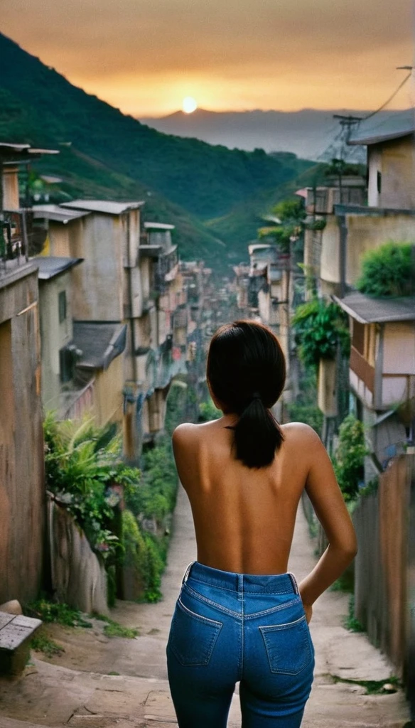 Wide lens, Centered, extreme high angle photo taken from her back, a realistic photo of a young asian woman with oversized t shirt and denim pants, perfect ass, turning her head back to the camera, stands on the peak of alley at a favella, background is favella downhill, shot with kodak portra 160 film, cinematic, silhouette lighting and lighting from the houses below, vintage color grading, sunset, dark