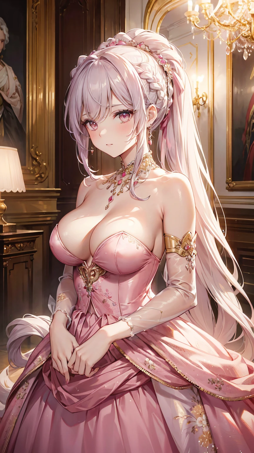 A sophisticated, elegant woman in a pink dress, aristocratic, with silver elements, long nails, bare shoulders, elaborate hairstyle with braids and ponytails, messy and haughty, in an extravagant, ornate gown, in a floral-decorated hall, cowgirl shooting, portrait, (best quality), (masterpiece), (extremely detailed), (4k)
