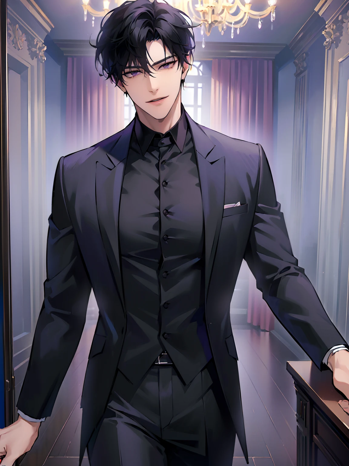 (masterpiece, 4k, 8k, high quality:1.6), 1boy, solo, short hair, black hair, asymmetrical fringe, purple eyes, handsome, sharp eyes, (mature male, mature:1.2), male focus, fashionable, black dress shirt, purple jacket, smile, ballroom, chandelier, indoors