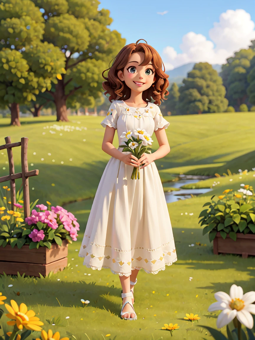A gentle woman,Normal proportion,Looking straight at the camera,Holding a white flower in hand, Brown medium-length curly hair,White Dress,Standing on a meadow full of flowers,Sunshine on the face,Fair,Happy smile, bright,Bright green,Medium shot,Studio Gippley style,Miyazaki style,2.5D,Game texture,lifelike,4K