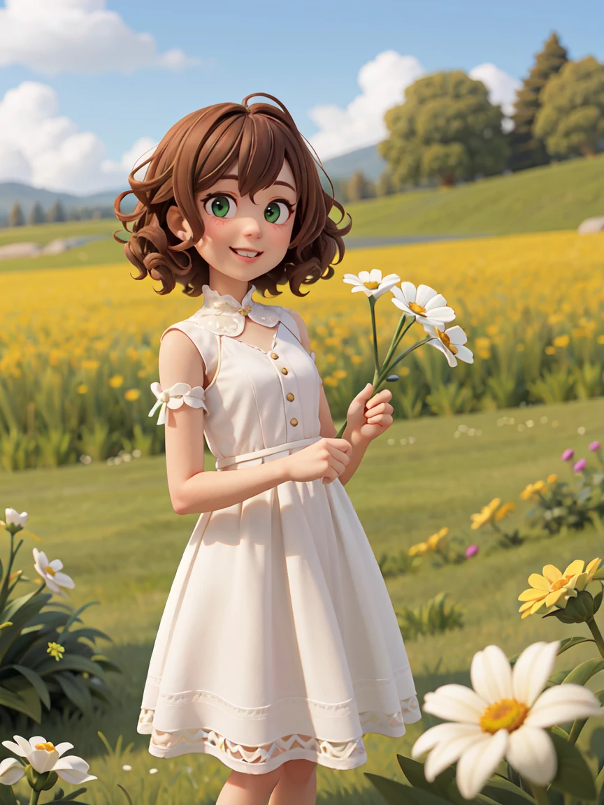 A gentle woman,Normal proportion,Looking straight at the camera,Holding a white flower in hand, Brown medium-length curly hair,White Dress,Standing on a meadow full of flowers,Sunshine on the face,Fair,Happy smile, bright,Bright green,Medium shot,Studio Gippley style,Miyazaki style,2.5D,Game texture,lifelike,4K
