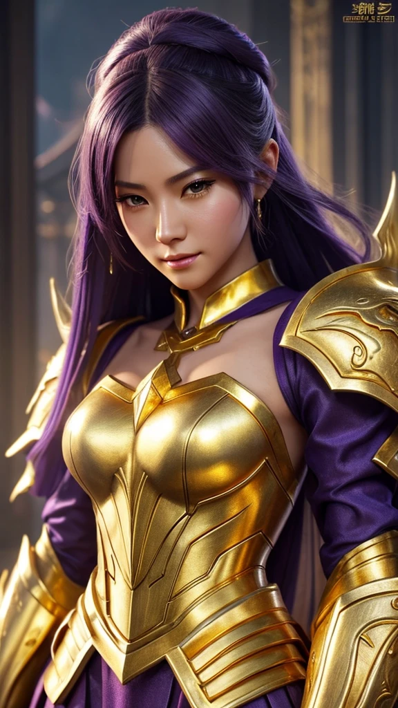 close-up of a woman in a gold and purple dress, chengwei pan on artstation, by Yang J, detailed fantasy art, stunning character art, fanart best artstation, epic and exquisite character art, beautiful armor, extremely detailed art, detailed digital anime art, artgerm on artstation pixiv, girl in armor