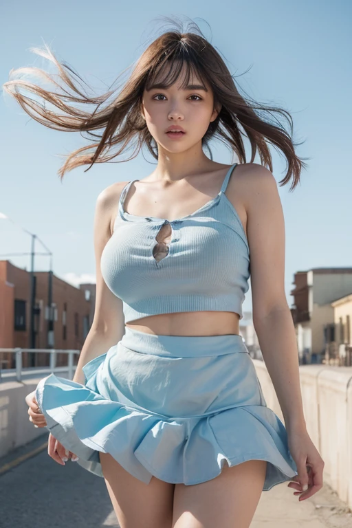 ((blow upskirt)), (light blue cotton panties)), ((strong wind)), (embarrassed, blush, shocked):1.4, super detailed skin, masterpiece:1.4, photo-realistic, raw photo, 8K resolution, Ultra HD, Perfect Style, symmetric eyes, close to viewer, (Anatomically correct), ((voluptuous body)), (WindyUpskirt), (blown by the wind:1.5), ((street)), (cowboy shot:1.4), (perfect hands, detailed fingers):1.5