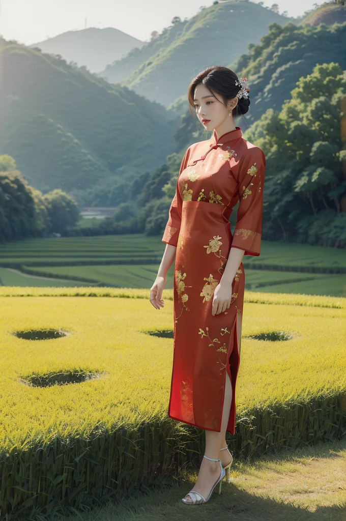 (((best quality))),(((ultra detailed))),(((masterpiece))),illustration," 1girl, young, beautiful, Chinese,red qipao,green paddy field, elegant, high heels, clear sky, sunlight, dreamy, contrast, natural, harmony, culture