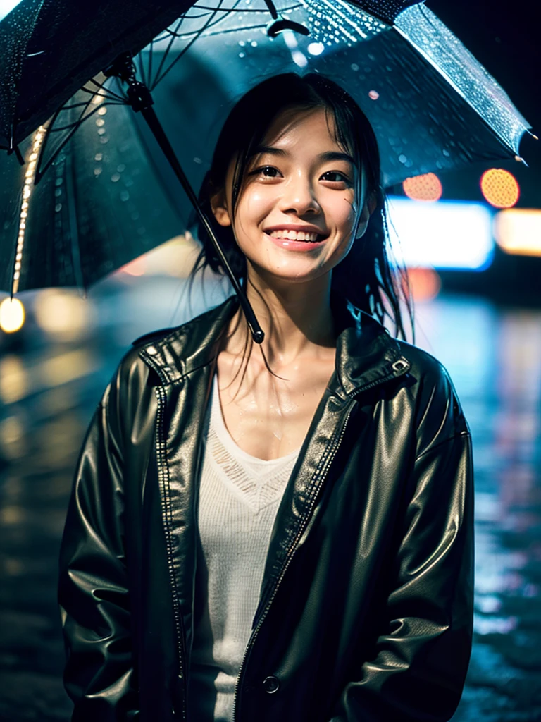 Wet roads ,drenched, Dripping, Wet Face,Wet clothes, Wet Skin, Wet Hair,A young woman with a cute face like a Japanese idol,Smile a little,Looking up at the rainy sky,chest,((Cinema lighting),(Natural light),(High level of artistry),(Artistic),(Quality indistinguishable from real life),RAW Photos,Genuine,Genuine,High resolution,RAW Photos,masterpiece, beautiful