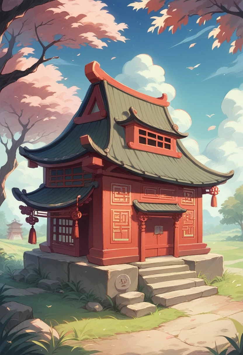 Lucky Cat is located on a round thatched house, Chinese ancient architectural accessories, Cherry tree, grassland, rockery