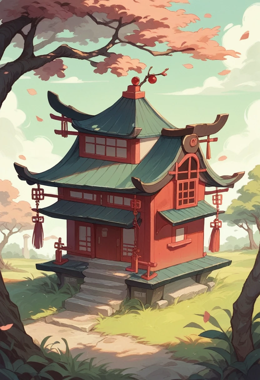 Lucky Cat is located on a round thatched house, Chinese ancient architectural accessories, Cherry tree, grassland, rockery