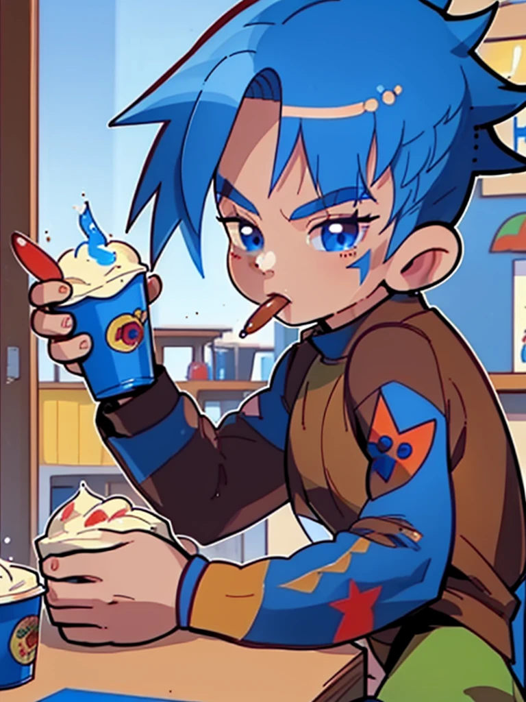 1boy, playful young , spiky blue hair, blue eyes, ((red and white face painting)), cafe, coffee shop, eating taco, warm, high definition, hdr, 8k, masterpiece