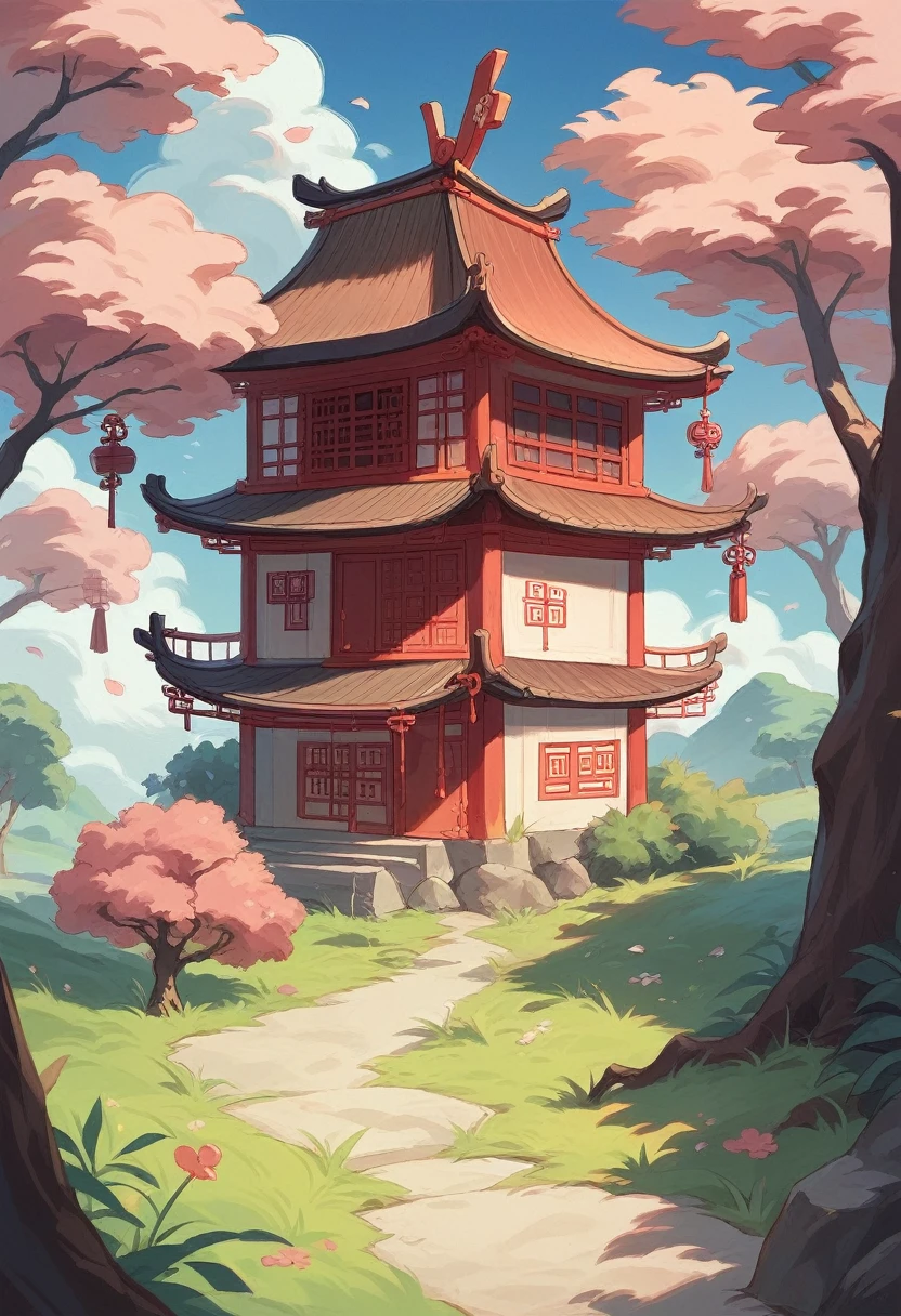 Lucky Cat is located on a round thatched house, Chinese ancient architectural accessories, Cherry tree, grassland, rockery