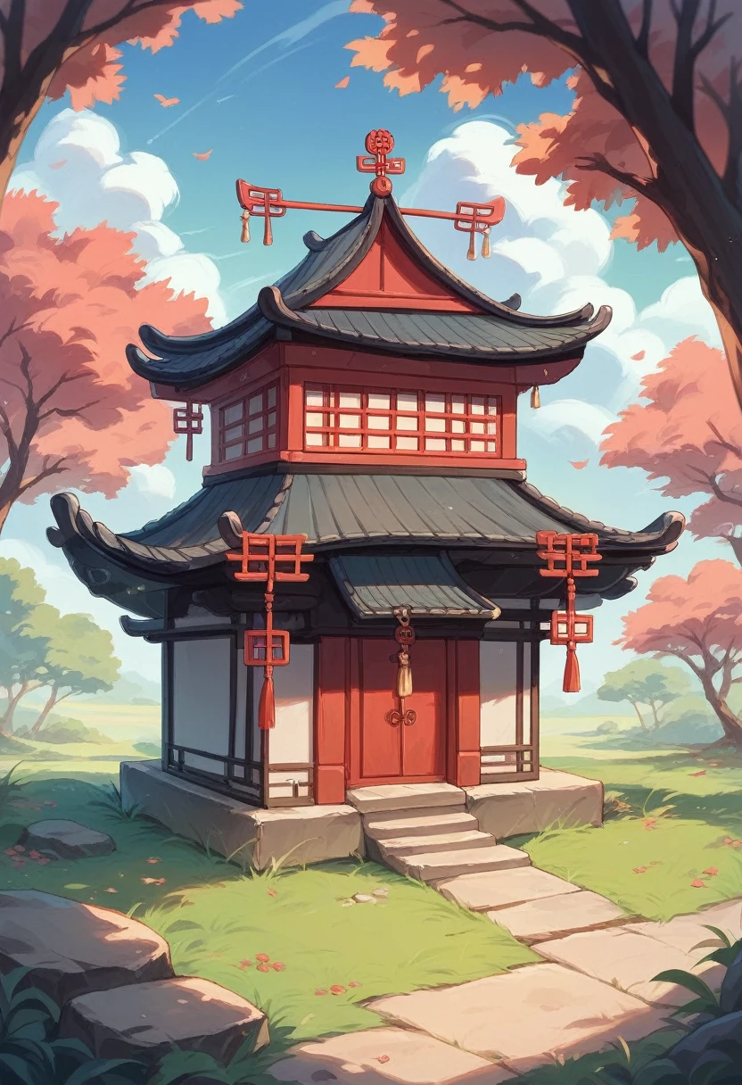 Lucky Cat is located on a round thatched house, Chinese ancient architectural accessories, Cherry tree, grassland, rockery