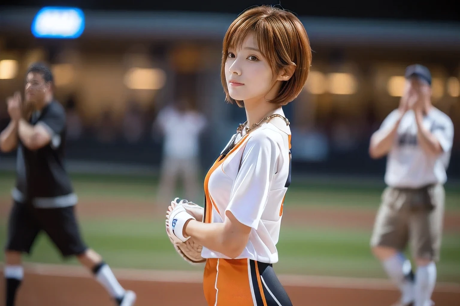 (Sports day at the grounds:1.5)、(A beautiful profile without looking at the camera:1.5)、(An 18-year-old woman cheering on her friend:1.5)、(The best quality at its best:1.4), (Super detailed), (Very detailed CG unified 16k), Beautiful woman with perfect figure: 1.4, Sharp focus: 1.2, Very detailed, High-quality RAW color photos, Professional photography, Great face and eyes, cosmetics, (Amazingly beautiful girl), ((moving、Wearing a jersey:1.5)), Realistic movie faces, Full body long view from head to toe, Realistic, ((Realistic natural orange red hairstyle)), ( Short Bob Hair:1.5), (necklace:1.5)、, Very beautiful face, Perfect model beauty, Mouth swelling, Highly detailed face and skin texture, Fine grain, double eyelid, Medium chest, (masterpiece), Highest quality, High resolution, Very detailed, Blurred Background, Depth of written boundary, Cinema Lighting, Great legs, , Clear, well-maintained skin,((Full body shot from head to toe:1.5))