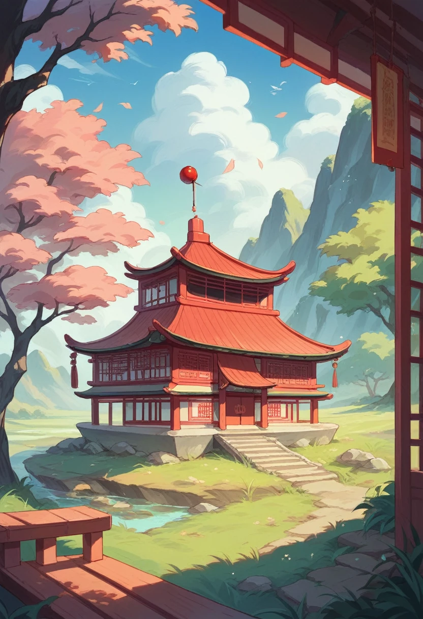 Lucky Cat is located on a round thatched house, Chinese ancient architectural accessories, Cherry tree, grassland, rockery