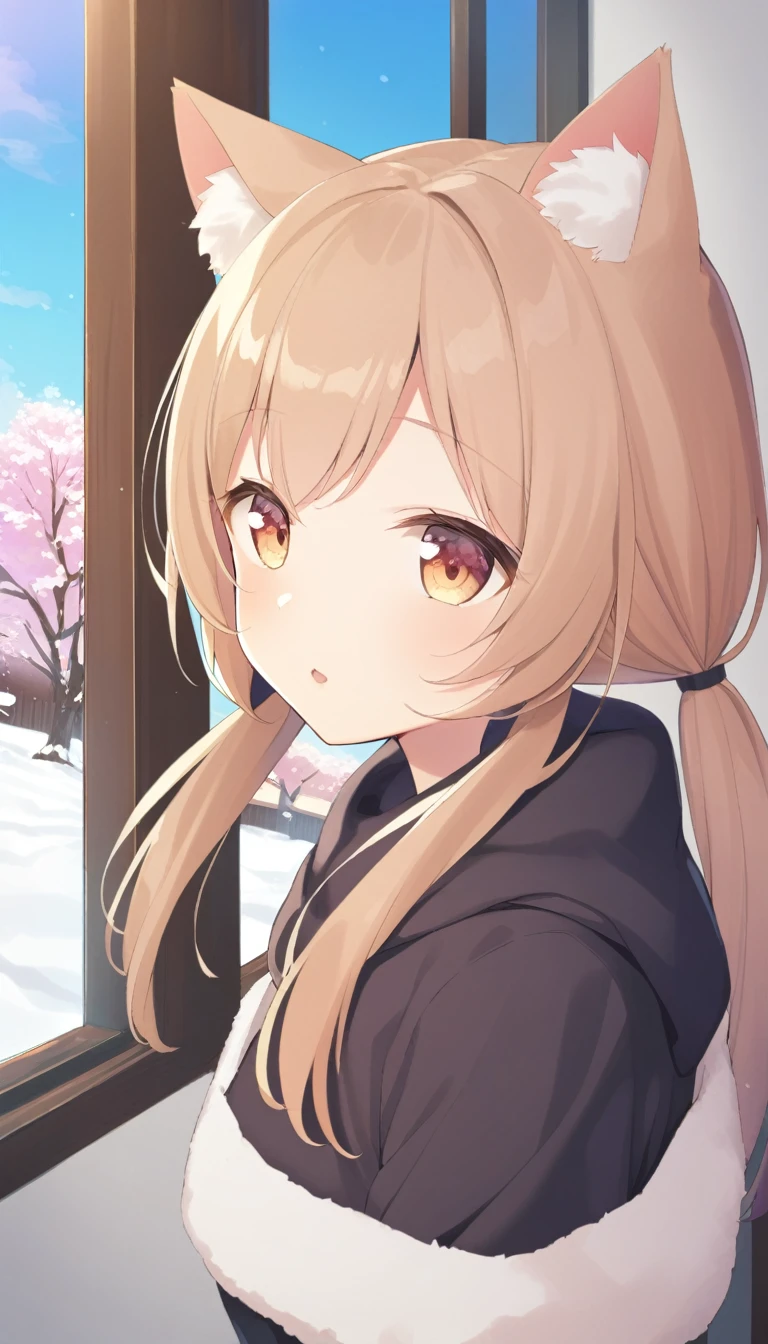 1girl, , long hair, low twintails, fuzzy twintails, light brown hair, cat ears, animal ear fluff, cat eyes, bedroom, window, cherry blossoms, winter,snow, morning, portrait, upper body