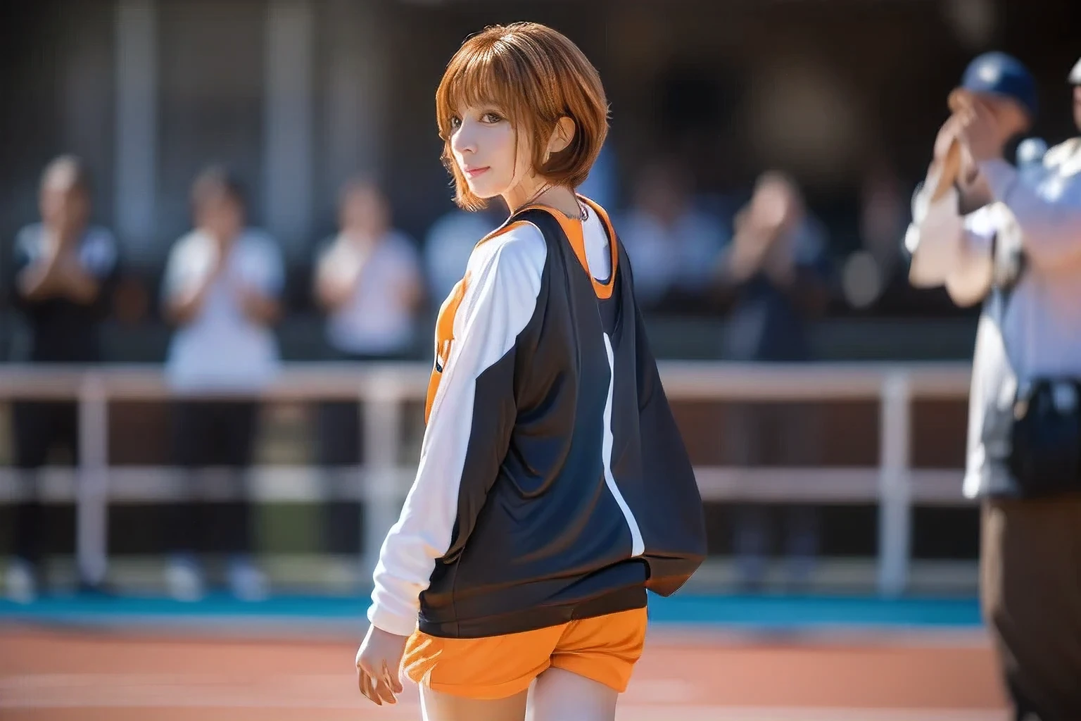 (Sports day at the grounds:1.5)、(A beautiful profile without looking at the camera:1.5)、(An 18-year-old woman cheering on her friend:1.5)、(The best quality at its best:1.4), (Super detailed), (Very detailed CG unified 16k), Beautiful woman with perfect figure: 1.4, Sharp focus: 1.2, Very detailed, High-quality RAW color photos, Professional photography, Great face and eyes, cosmetics, (Amazingly beautiful girl), ((moving、Wearing a jersey:1.5)), Realistic movie faces, Full body long view from head to toe, Realistic, ((Realistic natural orange red hairstyle)), ( Short Bob Hair:1.5), (necklace:1.5)、, Very beautiful face, Perfect model beauty, Mouth swelling, Highly detailed face and skin texture, Fine grain, double eyelid, Medium chest, (masterpiece), Highest quality, High resolution, Very detailed, Blurred Background, Depth of written boundary, Cinema Lighting, Great legs, , Clear, well-maintained skin,((Full body shot from head to toe:1.5))