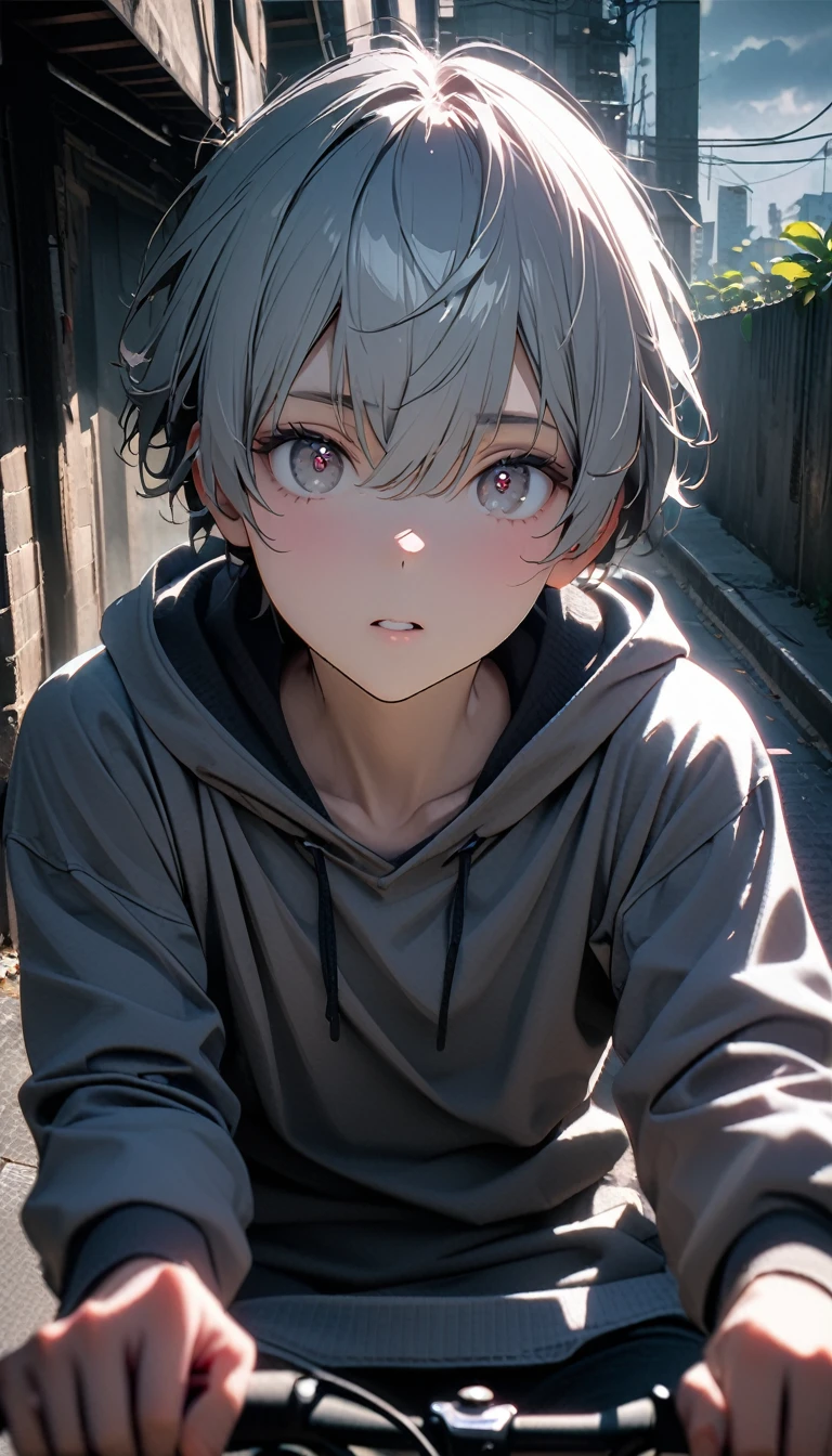 (8K, RAW photos, best quality, masterpiece: 1.4), (((Boy on bike))),Ultra-high resolution, Extremely detailed, light, closeup of arms, handsome boy, black eyes, (delicate eyes, Eyes are bright:1.2), Gray short hair, Fair skin,dark, Grey sweatshirt, sweatshirt with hood,(perfect anatomy:1.2), High-quality shadows, Natural Lighting, (White highlights:1.2), night, cloudy day, (Alley:1.2), (River bridge:1.2)